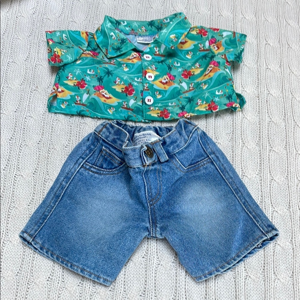 Build a bear Hawaiian shirt and denim jeans. Button and pocket details collar